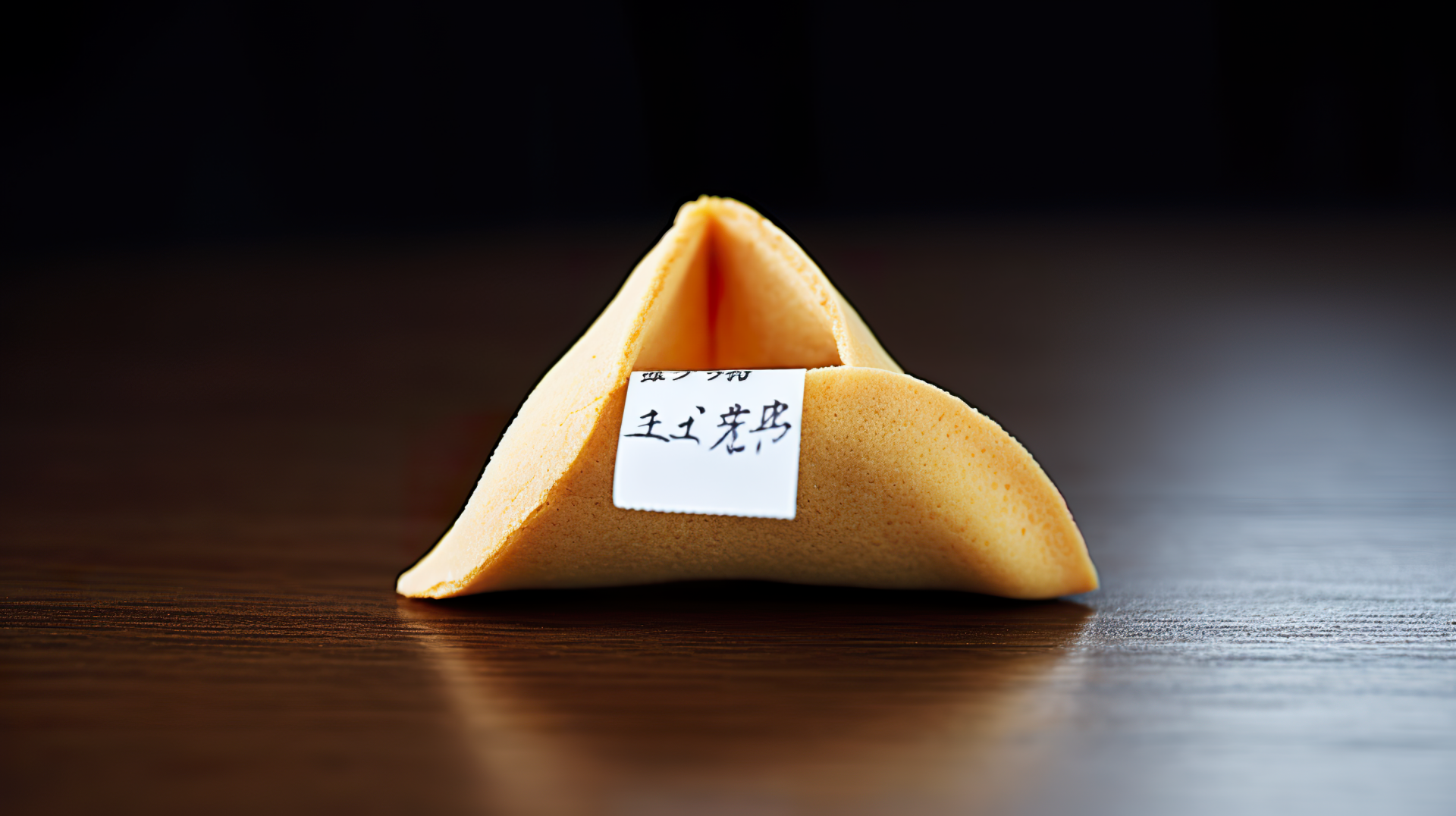 HD desktop wallpaper featuring a close-up of a fortune cookie with a paper slip showing Chinese characters, placed on a dark wooden surface.