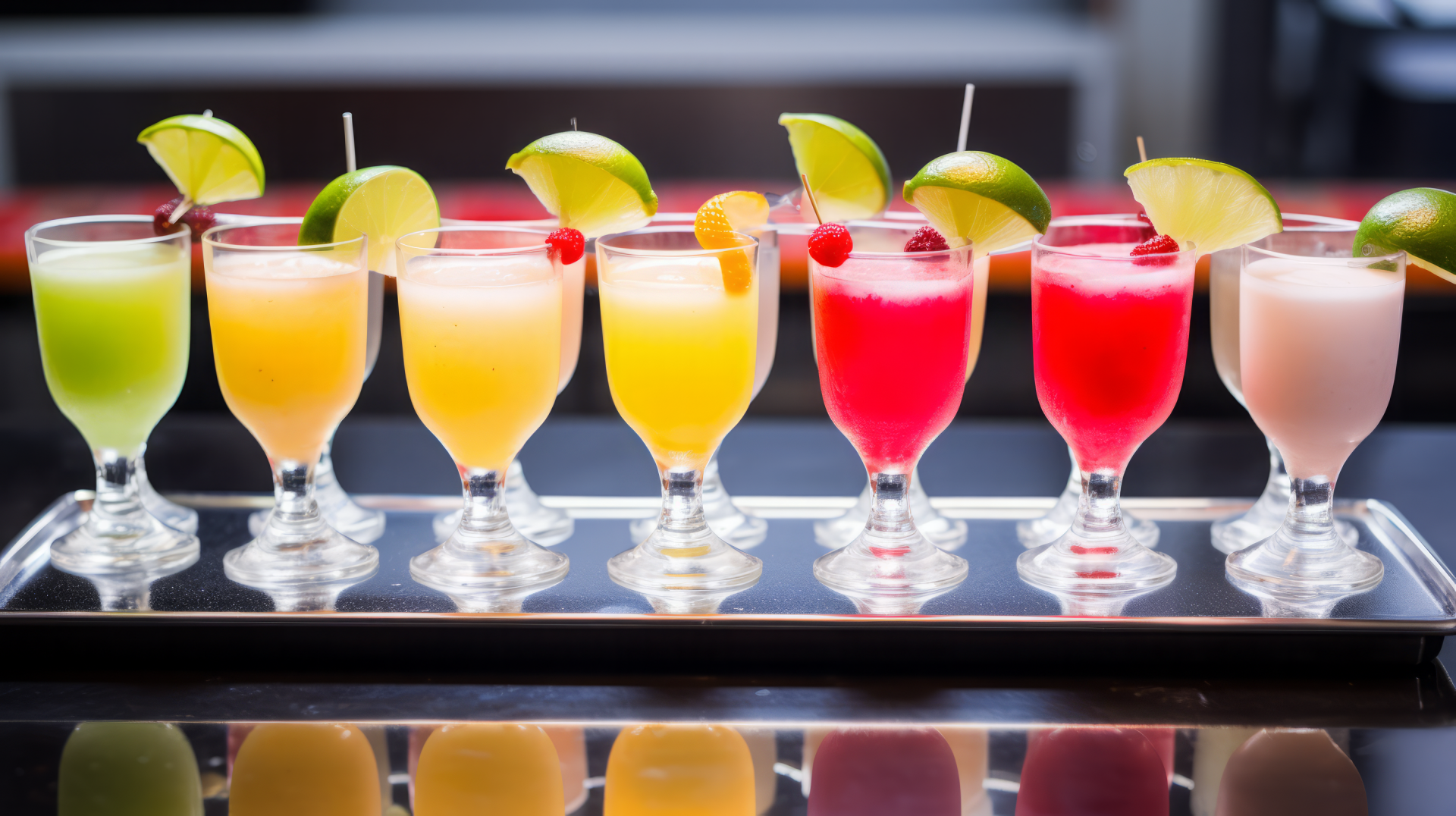 Colorful daiquiri cocktails lined up with lime garnishes, AI-generated art as HD desktop wallpaper background.