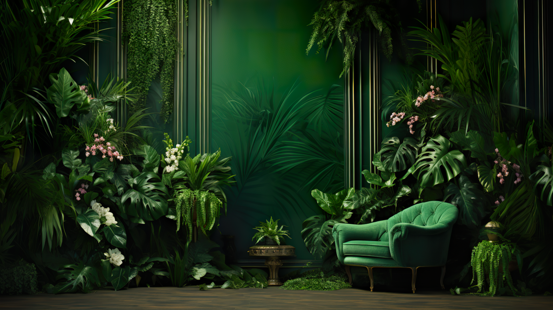 HD desktop wallpaper featuring a lush, green botanical setting with a velvet armchair and an array of tropical plants, creating a tranquil and aesthetic nature scene.