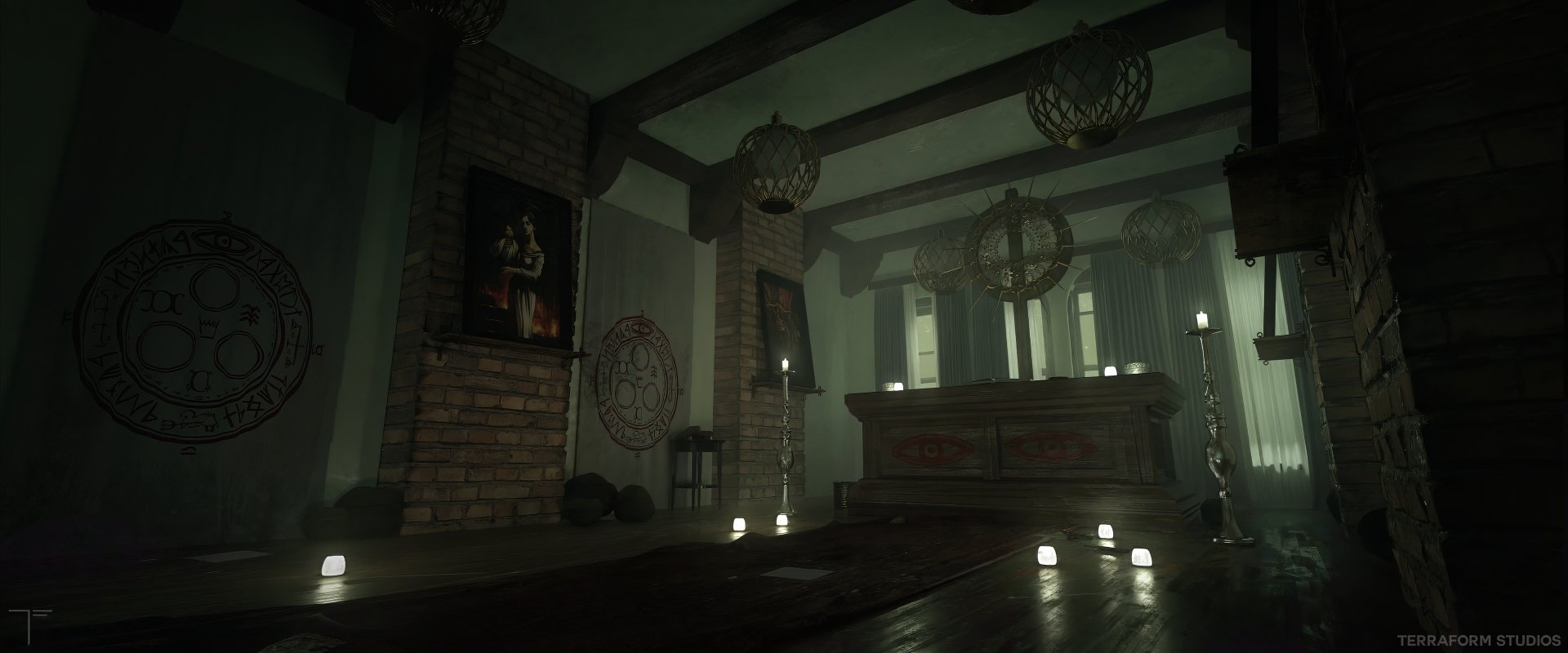 HD desktop wallpaper featuring a dimly lit room with atmospheric lighting from candles, eerie symbols on walls, and a prominent wooden coffin from Silent Hill: Ascension.