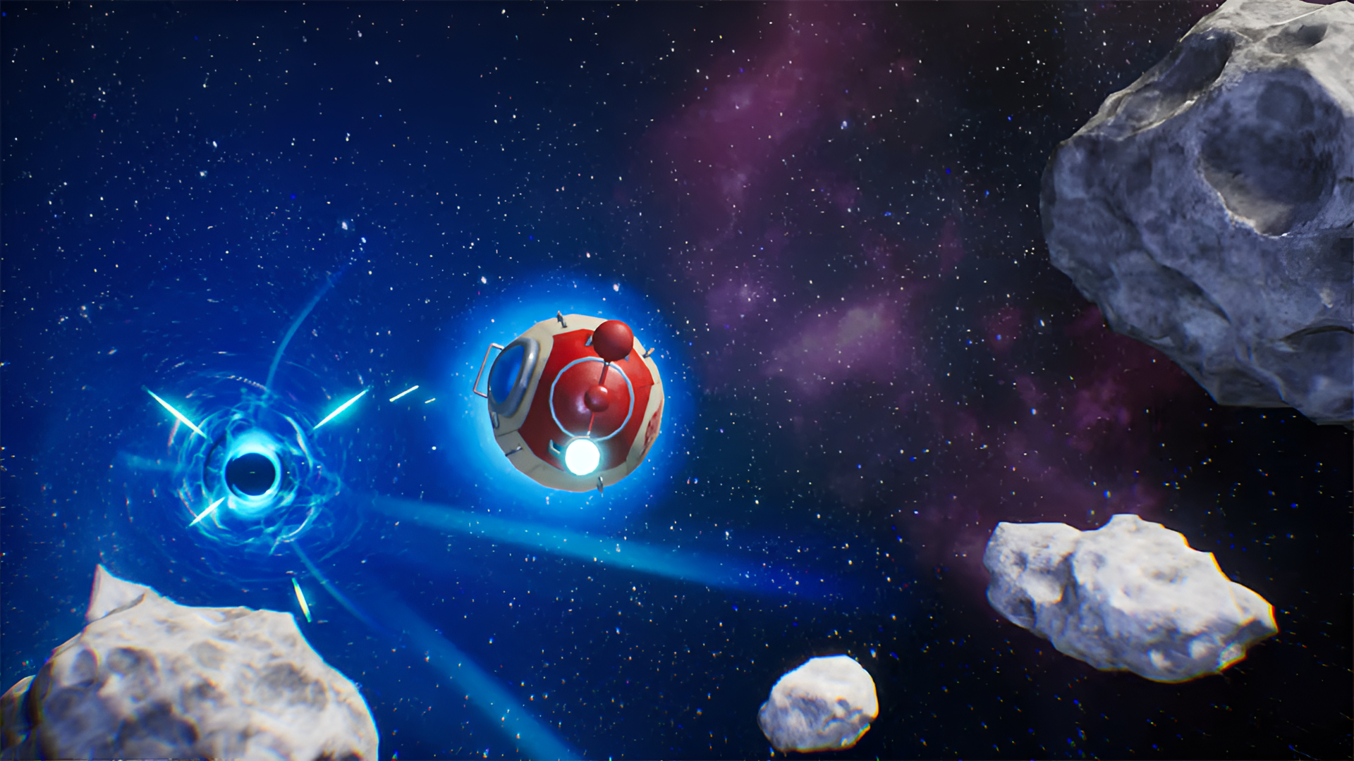 HD desktop wallpaper from Pikmin 4 featuring a space scene with a red Pikmin in a spaceship navigating through asteroids.