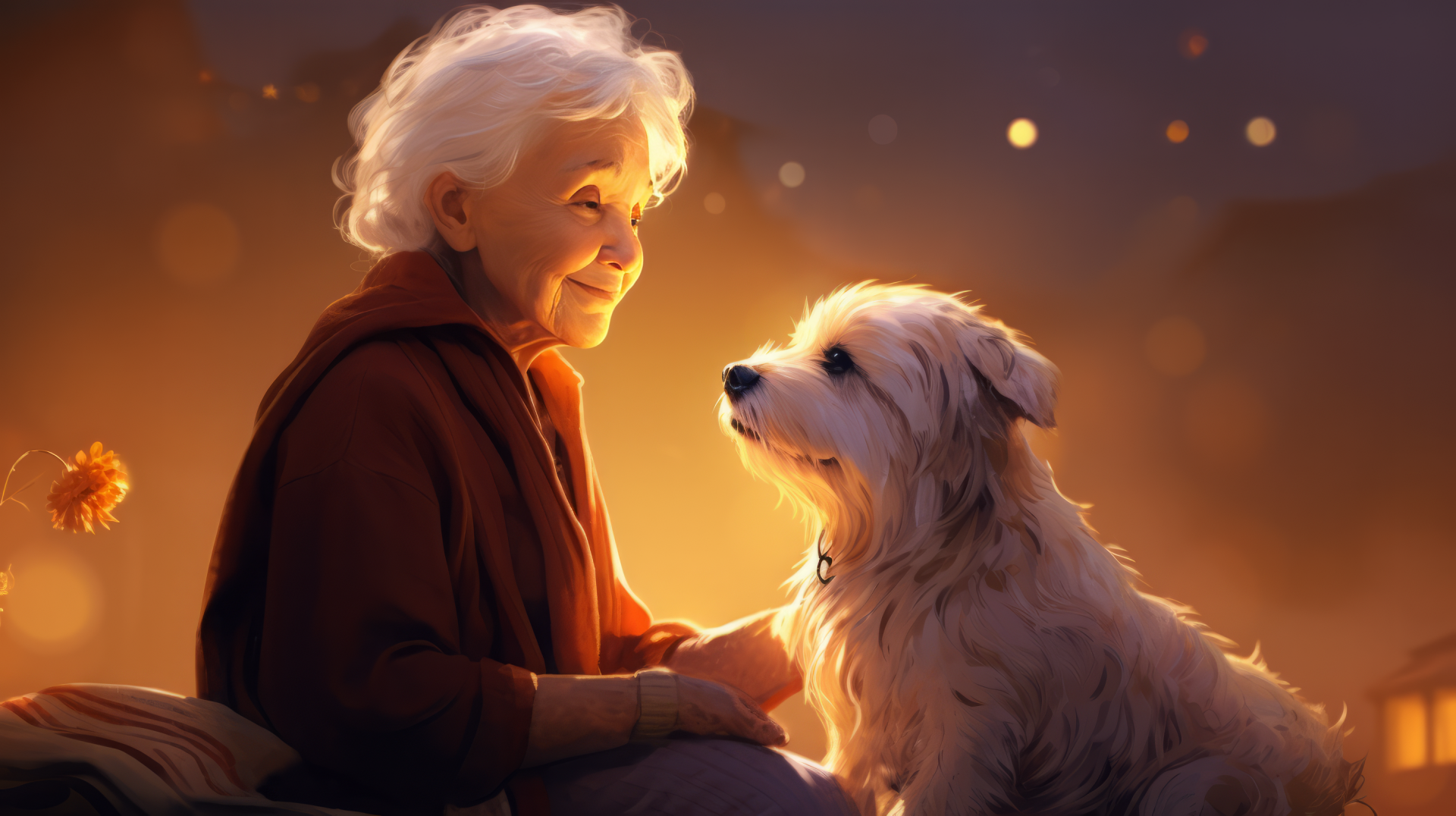 Warm and affectionate AI art of a smiling grandmother with her loving dog, in a high-definition desktop wallpaper with a cozy, glowing background.