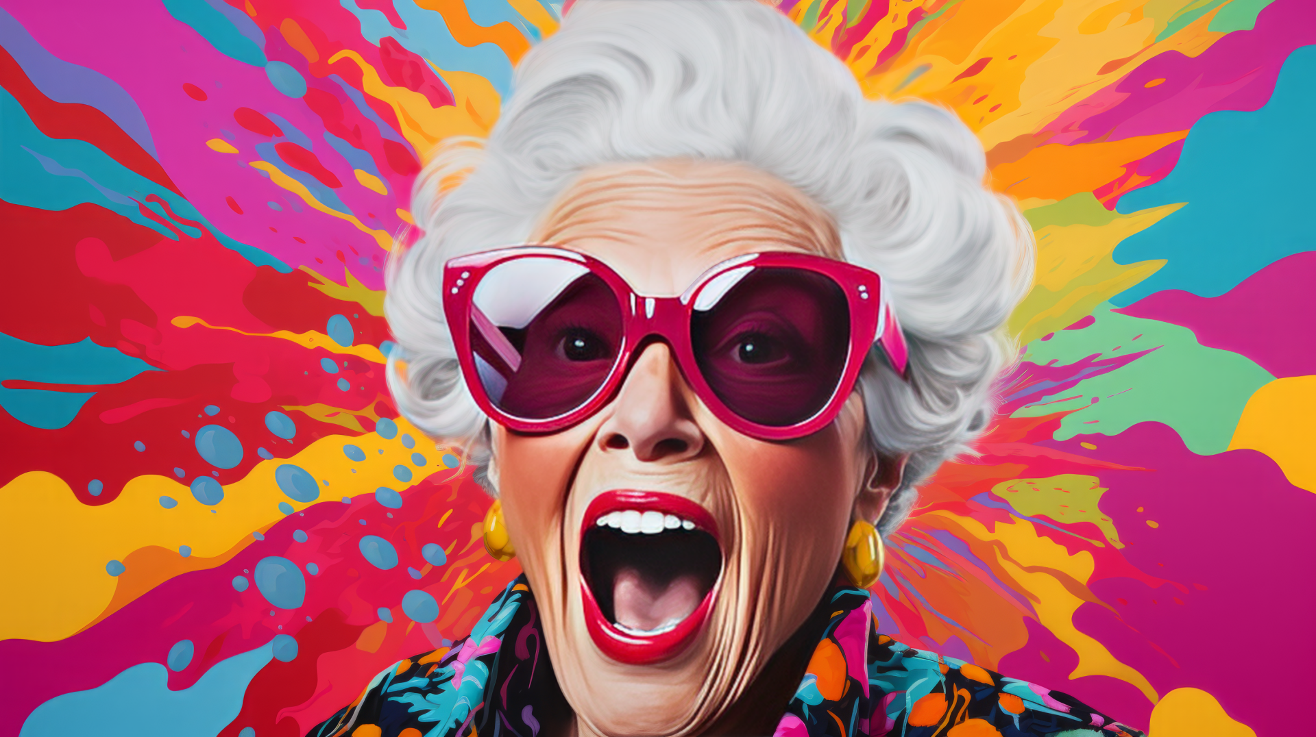 Vibrant HD pop art wallpaper featuring an illustrated grandmother with oversized pink sunglasses, expressing excitement against a colorful paint splash background.