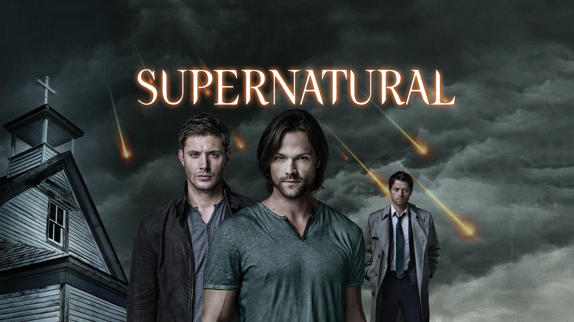 4K Ultra HD desktop wallpaper featuring characters from the TV show Supernatural with a dark, stormy background and fiery meteor streaks.