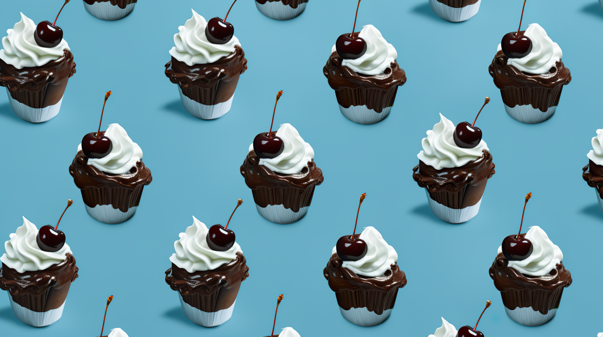 HD wallpaper featuring a repetitive pattern of ice cream sundaes with whipped cream and cherries on a blue background.