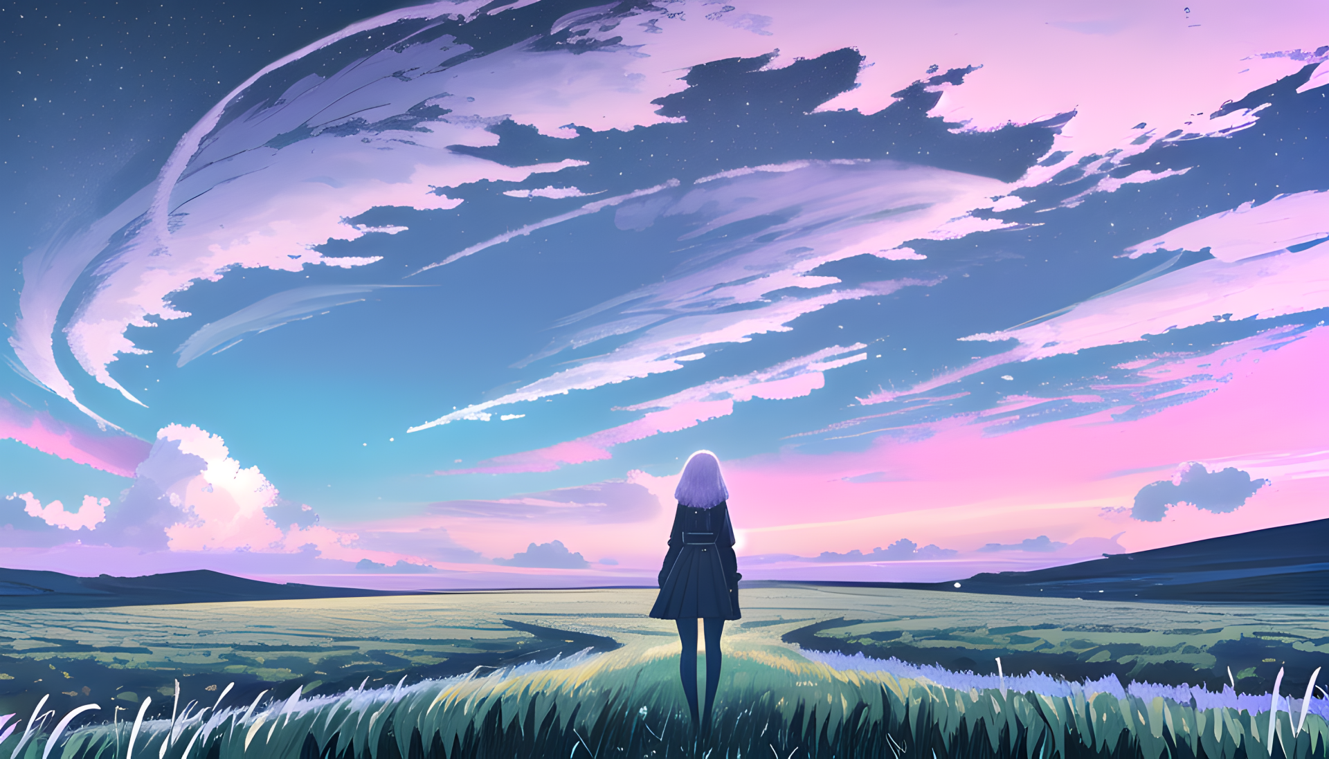 HD PC desktop wallpaper featuring lo-fi anime art of a girl standing in a grassy field under a vast, colorful sky with sweeping clouds.