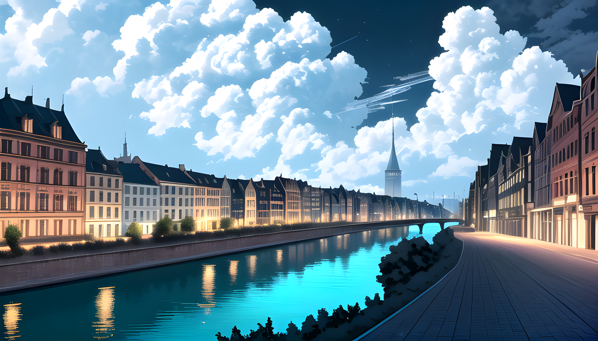 HD PC desktop wallpaper featuring AI art of an anime cityscape with vibrant buildings along a river under a bright, cloud-filled sky.