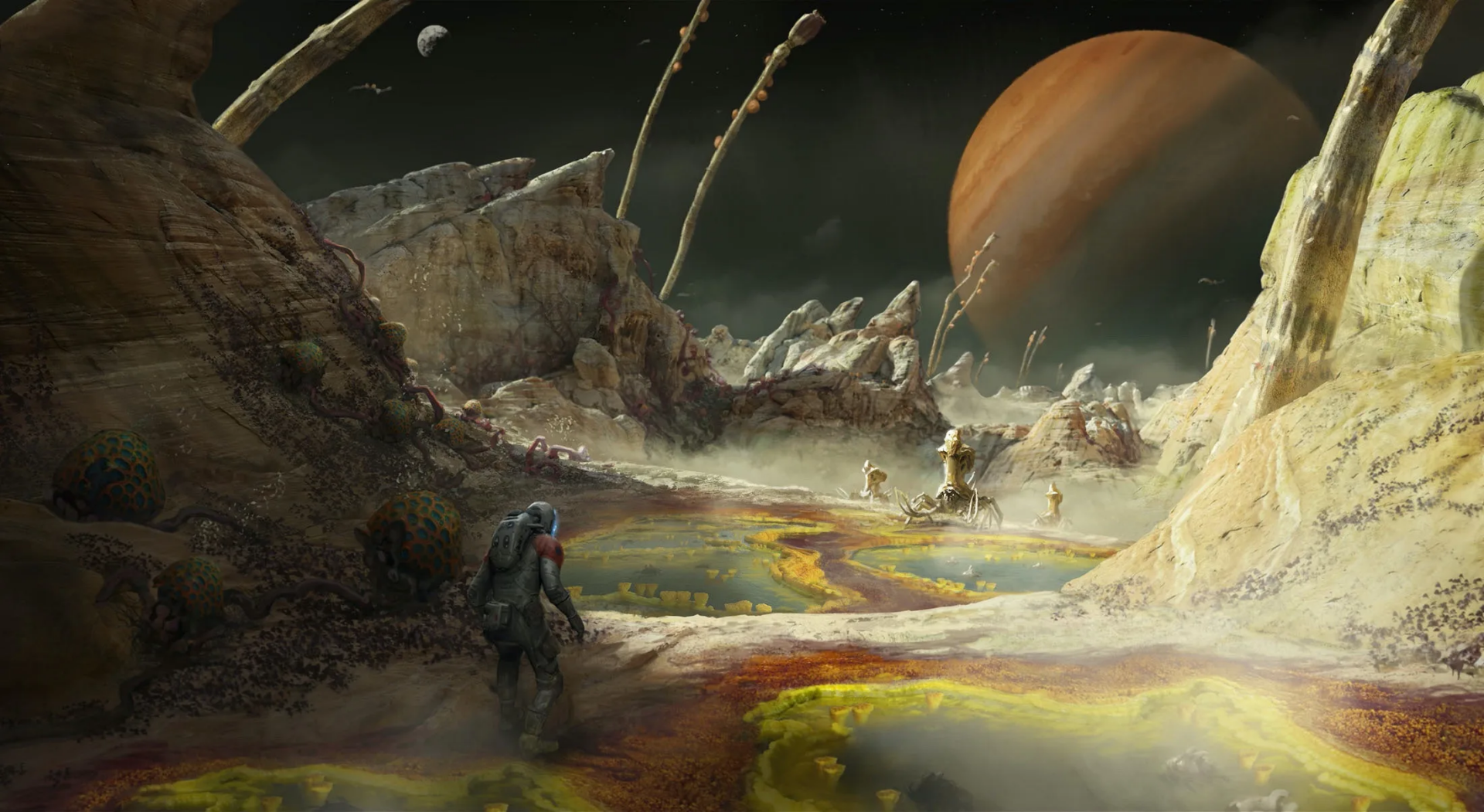 HD desktop wallpaper featuring an astronaut exploring an alien landscape with jagged rocks and vibrant pools, from the video game Starfield, showcasing a looming giant planet in the background.