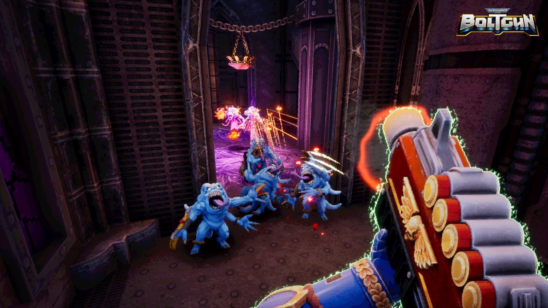 HD desktop wallpaper from the video game Warhammer 40,000: Boltgun, showcasing a first-person view of a boltgun firing at alien creatures in a dark, eerie corridor.