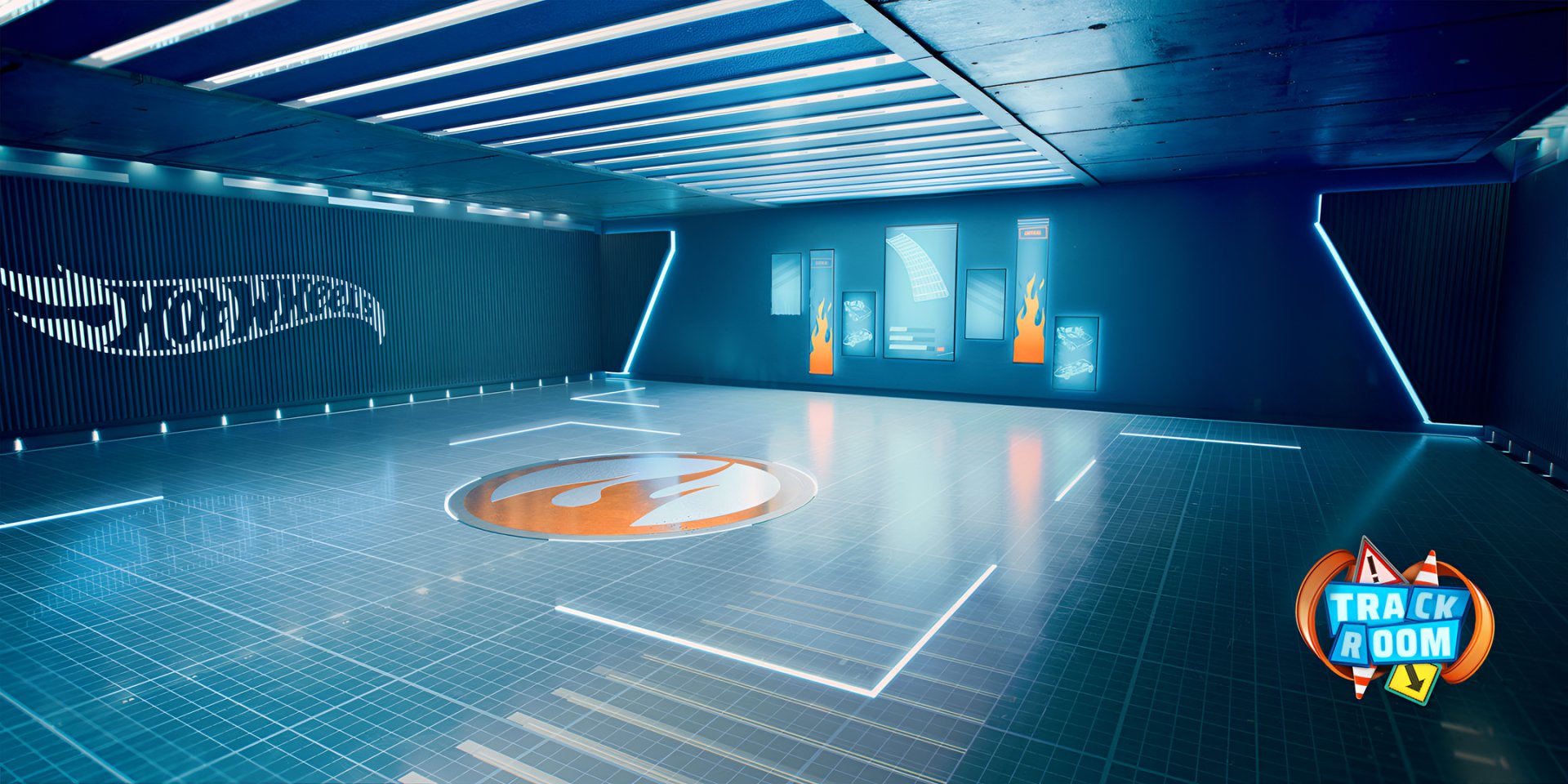 HD desktop wallpaper from Hot Wheels Unleashed 2: Turbocharged, featuring a sleek, futuristic garage with neon accents and Hot Wheels branding.