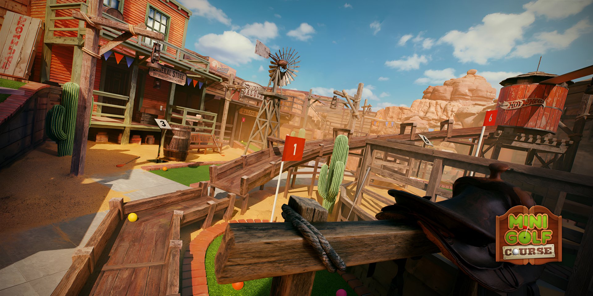 HD desktop wallpaper from Hot Wheels Unleashed 2: Turbocharged featuring a dynamic race track scene in a Western-themed setting.