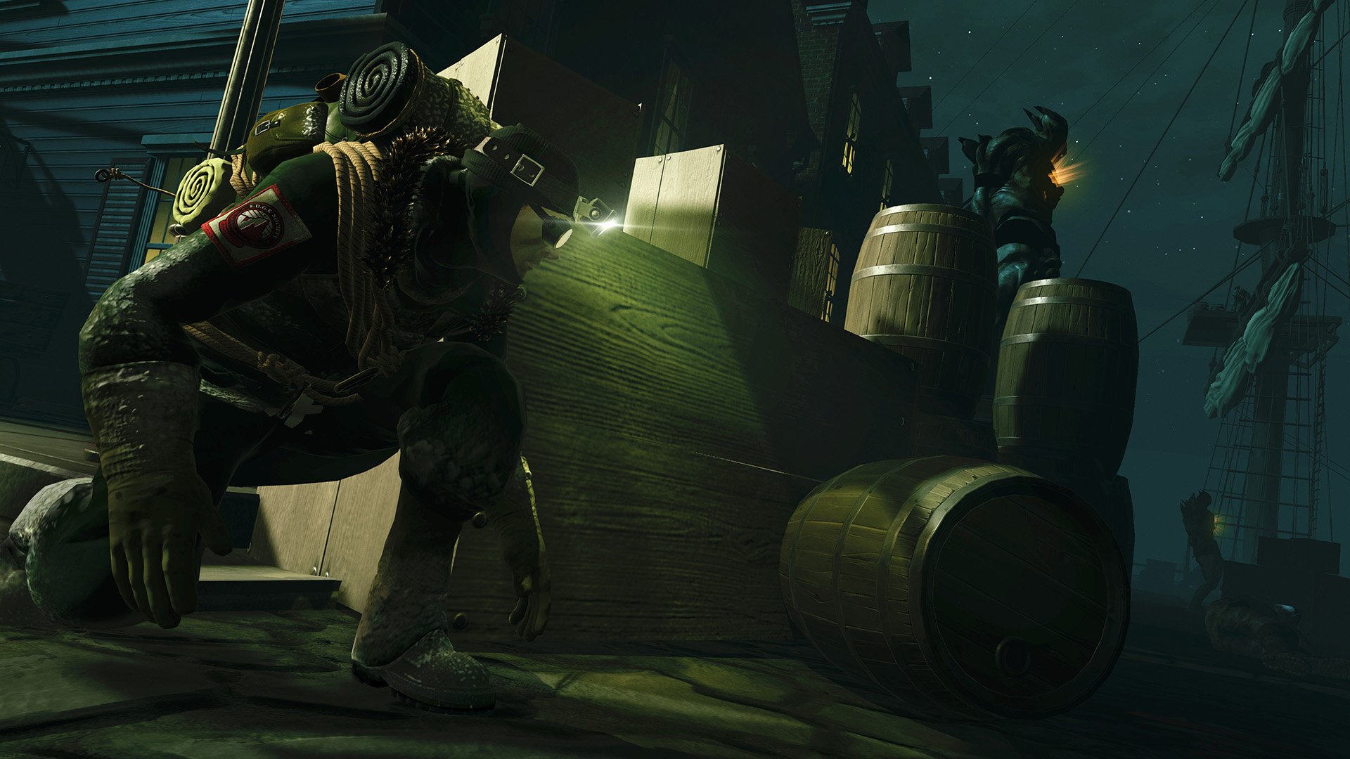 HD desktop wallpaper from the video game Edge of Nowhere, featuring a character stealthily moving past barrels in a dimly lit, atmospheric setting.