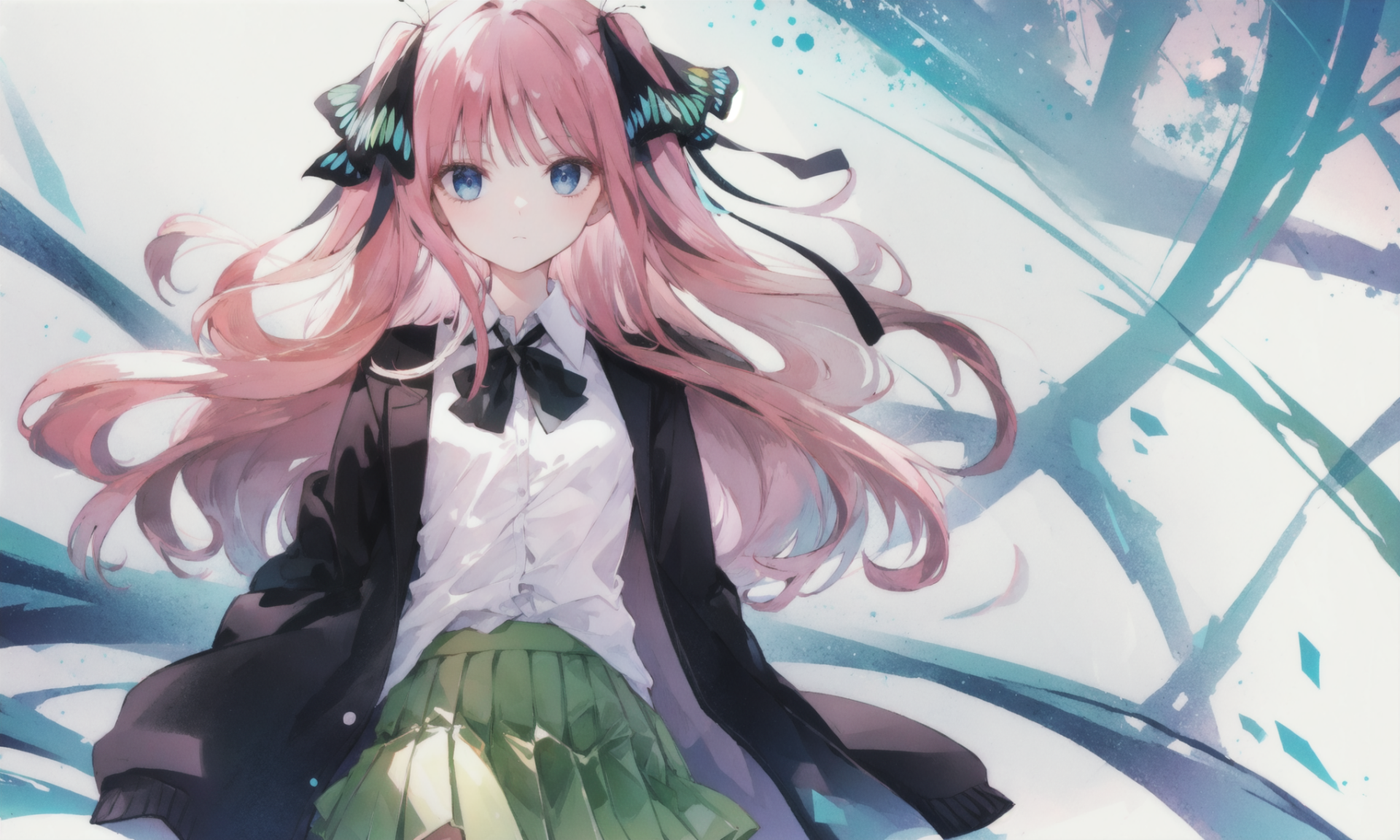 HD PC desktop wallpaper featuring Nino Nakano from the anime The Quintessential Quintuplets with flowing pink hair and a dynamic, artistic background.