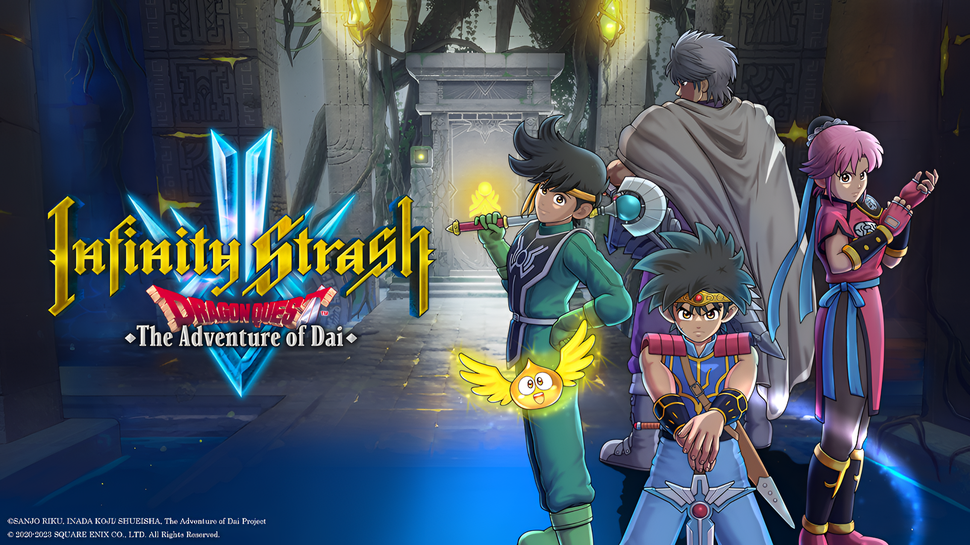 HD desktop wallpaper for Infinity Strash: DRAGON QUEST The Adventure of Dai featuring key characters posed in a mystical temple setting.