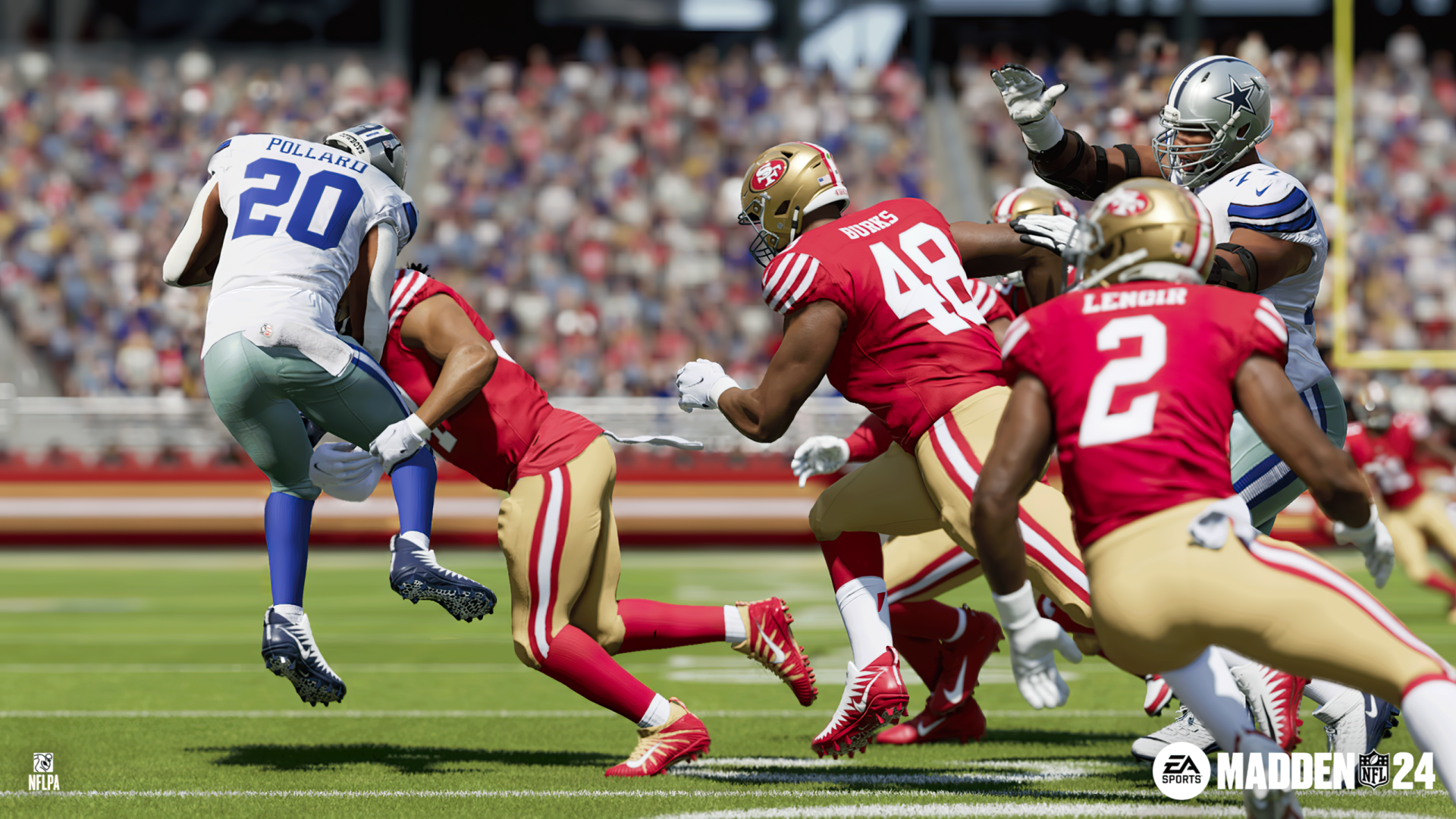 HD desktop wallpaper featuring an in-game scene from Madden NFL 24 with players in a dynamic football play, showing intense athletic action.