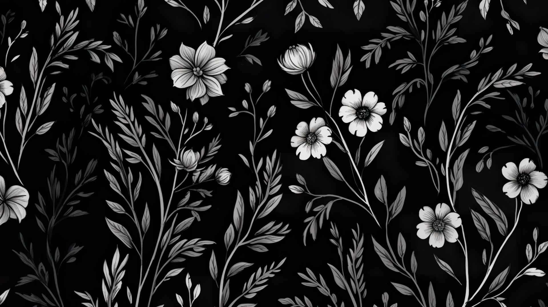 HD desktop wallpaper featuring a dark aesthetic with elegantly detailed white flowers and foliage on a black background.