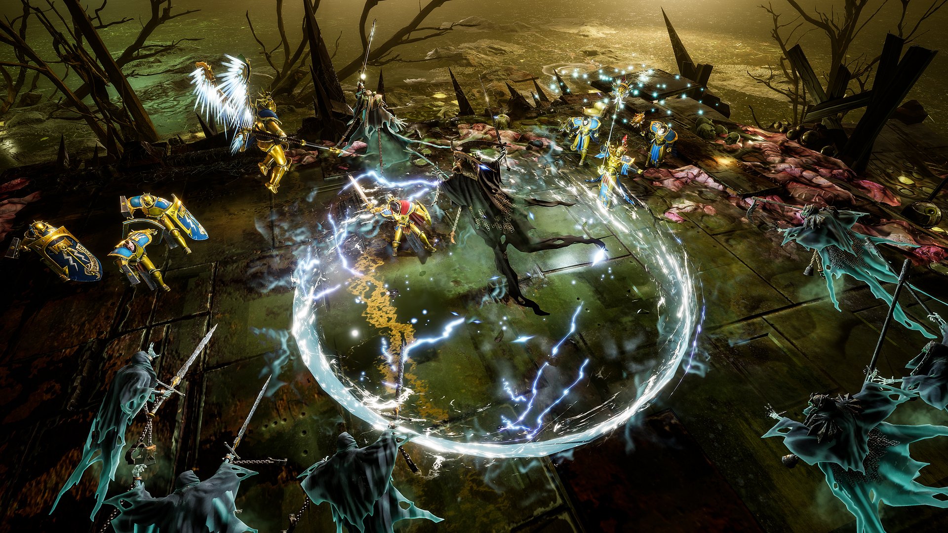 HD desktop wallpaper from Warhammer Age of Sigmar: Storm Ground depicting a dynamic battle scene with magical attacks in a dark, swampy environment.