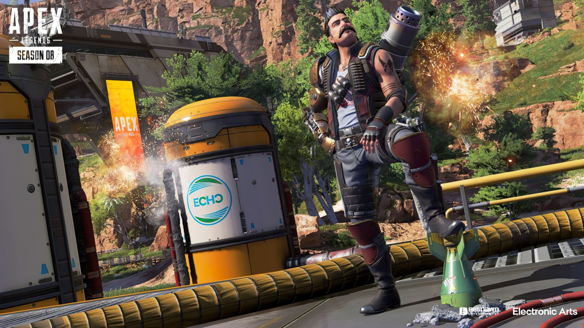 HD desktop wallpaper of Fuse from Apex Legends, featuring the character confidently striding forward with an explosion in the background.
