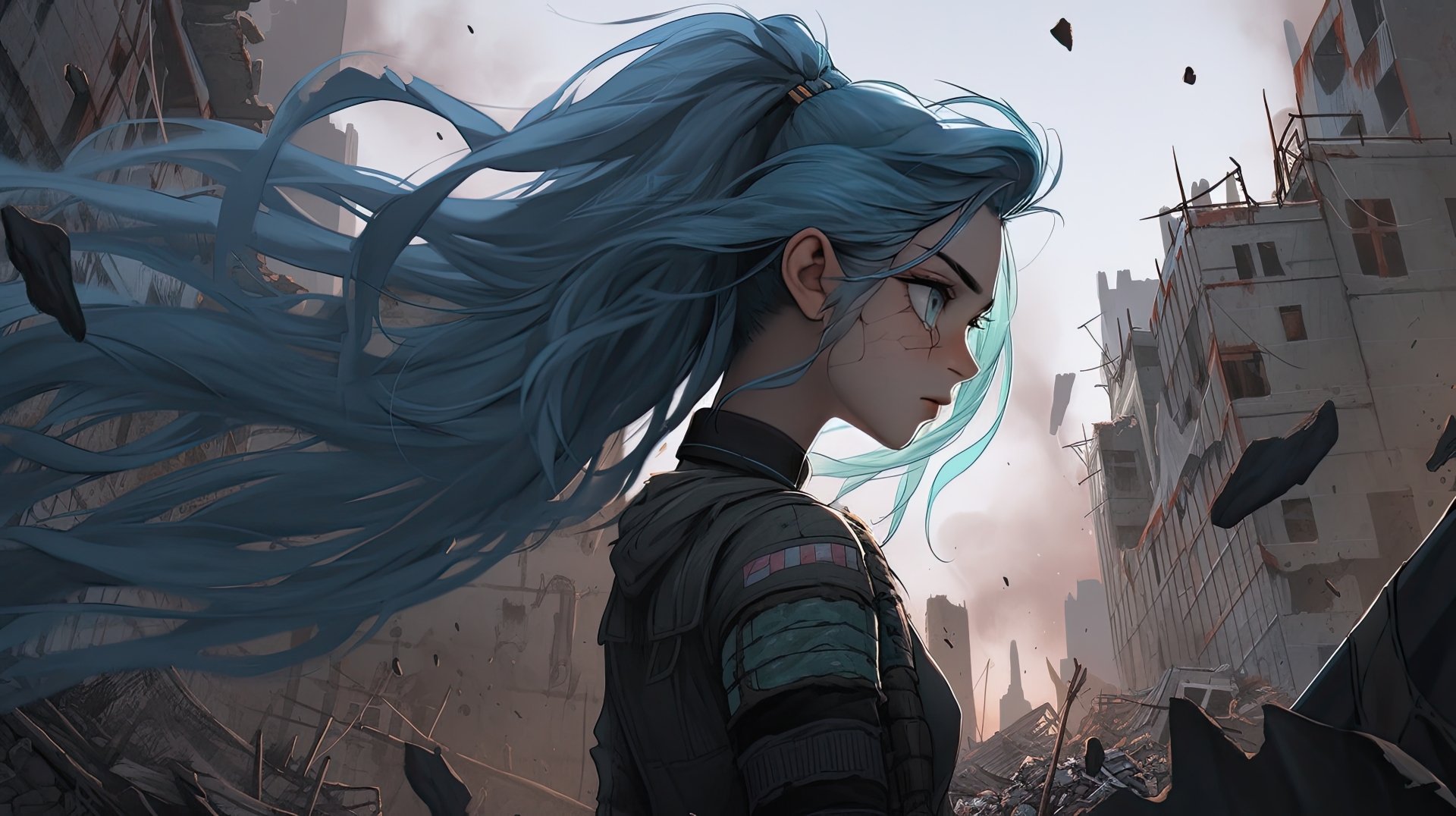 Anime girl with flowing blue hair stands amidst a ruined cityscape in this detailed 8K Ultra HD PC desktop wallpaper and background.