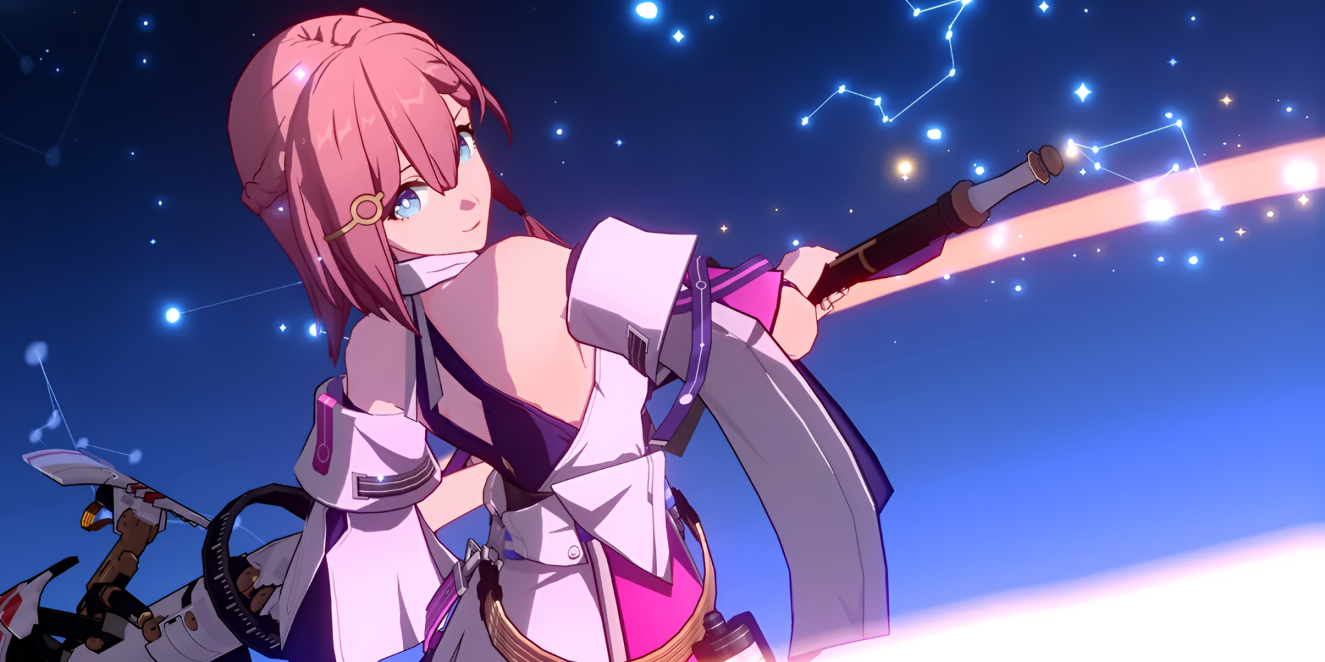 HD wallpaper of Asta from Honkai: Star Rail, featuring the character in a dynamic pose with a glowing weapon under a starry sky.