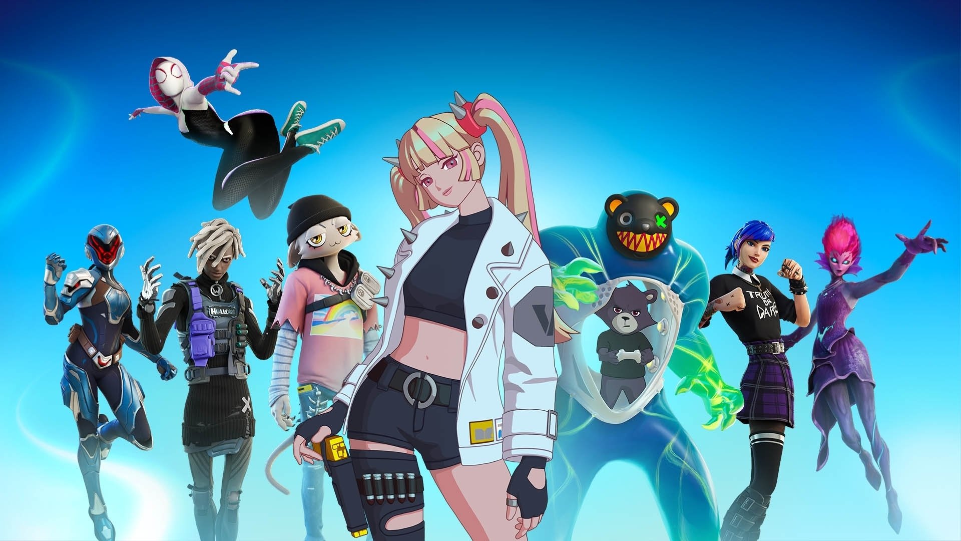 HD Fortnite PC desktop wallpaper featuring a lineup of vibrant characters against a clear blue sky, showcasing diverse skins from the popular video game.