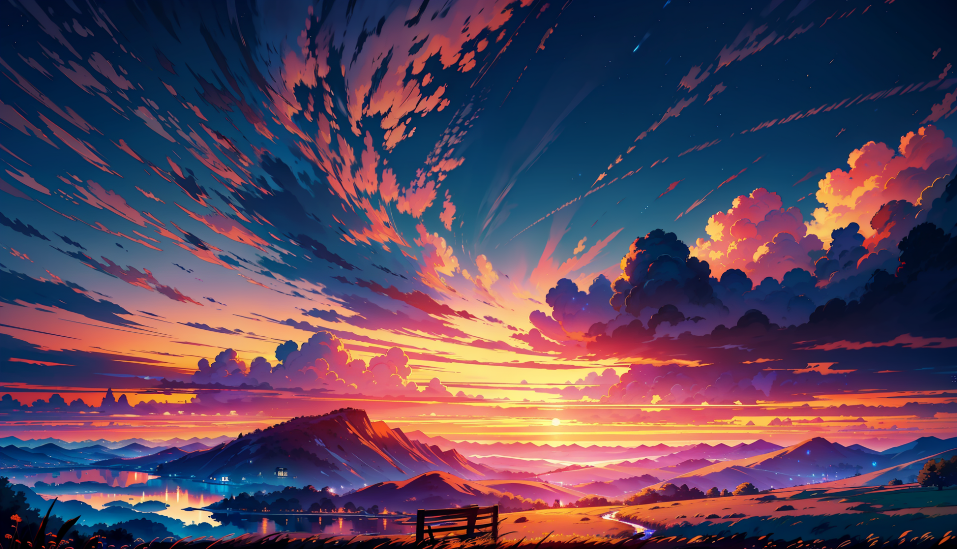 Vibrant anime-style sunset over mountains with dramatic clouds and glowing sky, created as HD PC desktop wallpaper using AI art techniques.