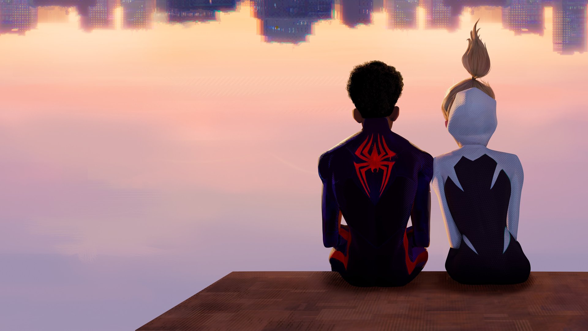 4K Ultra HD wallpaper featuring Spider-Man and Spider-Gwen from the movie Spider-Man: Across the Spider-Verse, sitting side by side against a vibrant sunset cityscape.
