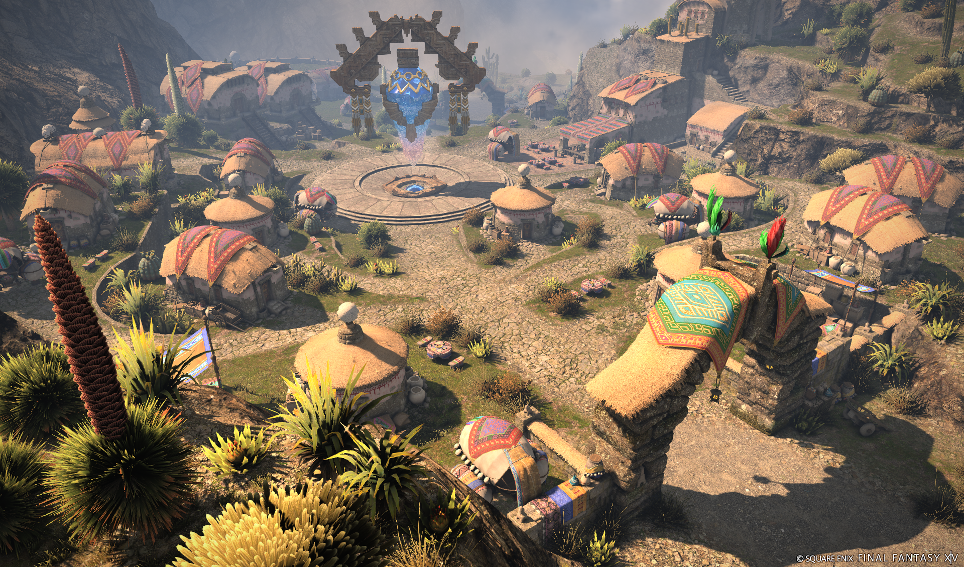 HD desktop wallpaper featuring a scenic view of Final Fantasy XIV: Dawntrail, showcasing a vibrant village with tents and a distinctive cogwheel emblem.