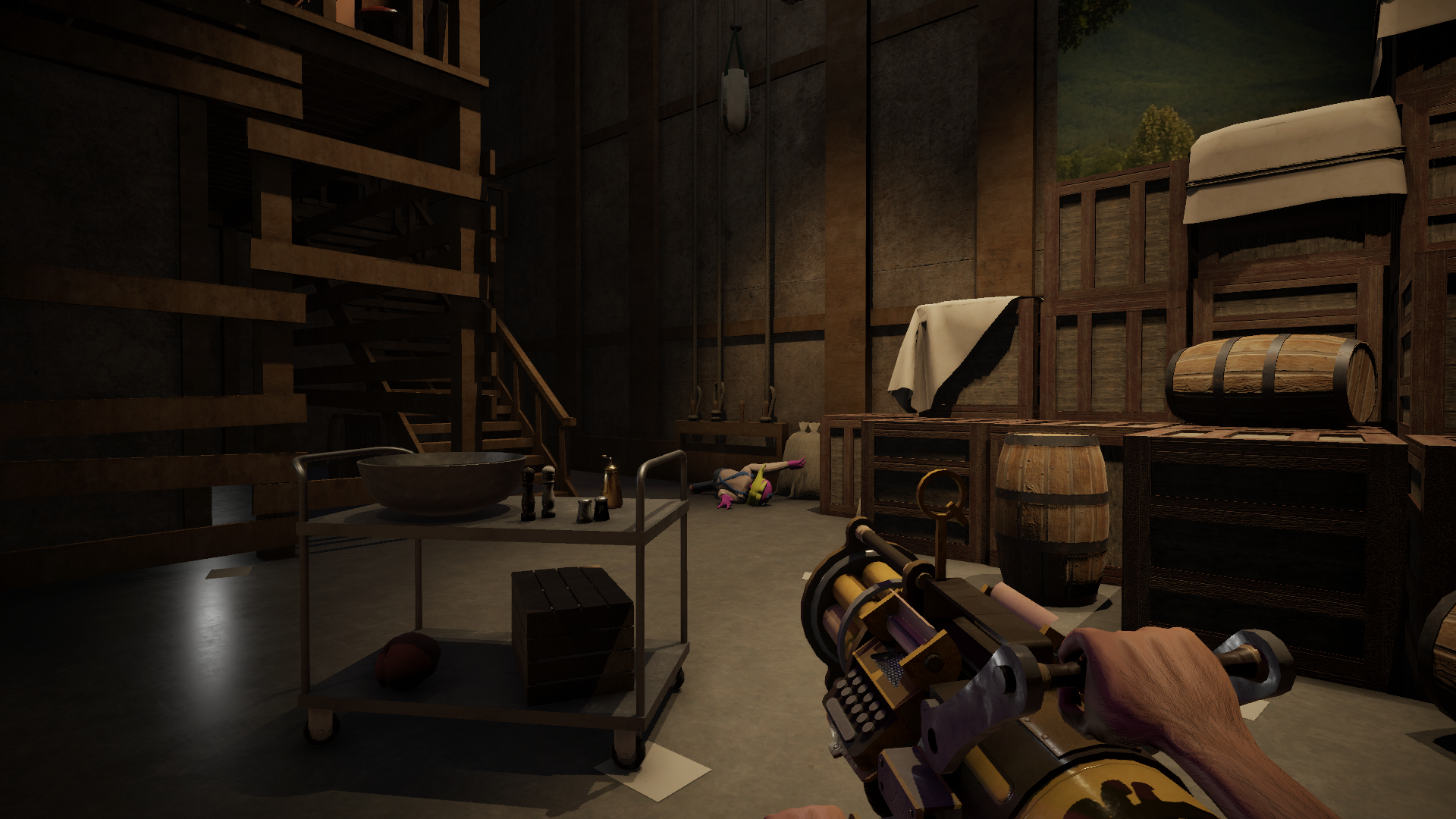 HD desktop wallpaper of a cozy animated neighborhood garage interior, featuring a whimsical cannon and quirky decor, tagged as 'My Friendly Neighborhood'.