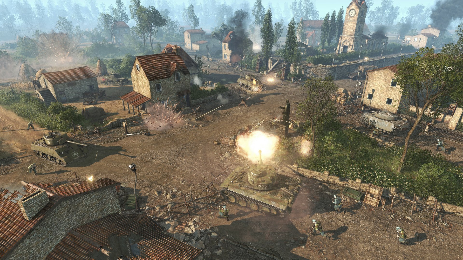 HD desktop wallpaper featuring a Men of War II game scene with a battle in a European village.