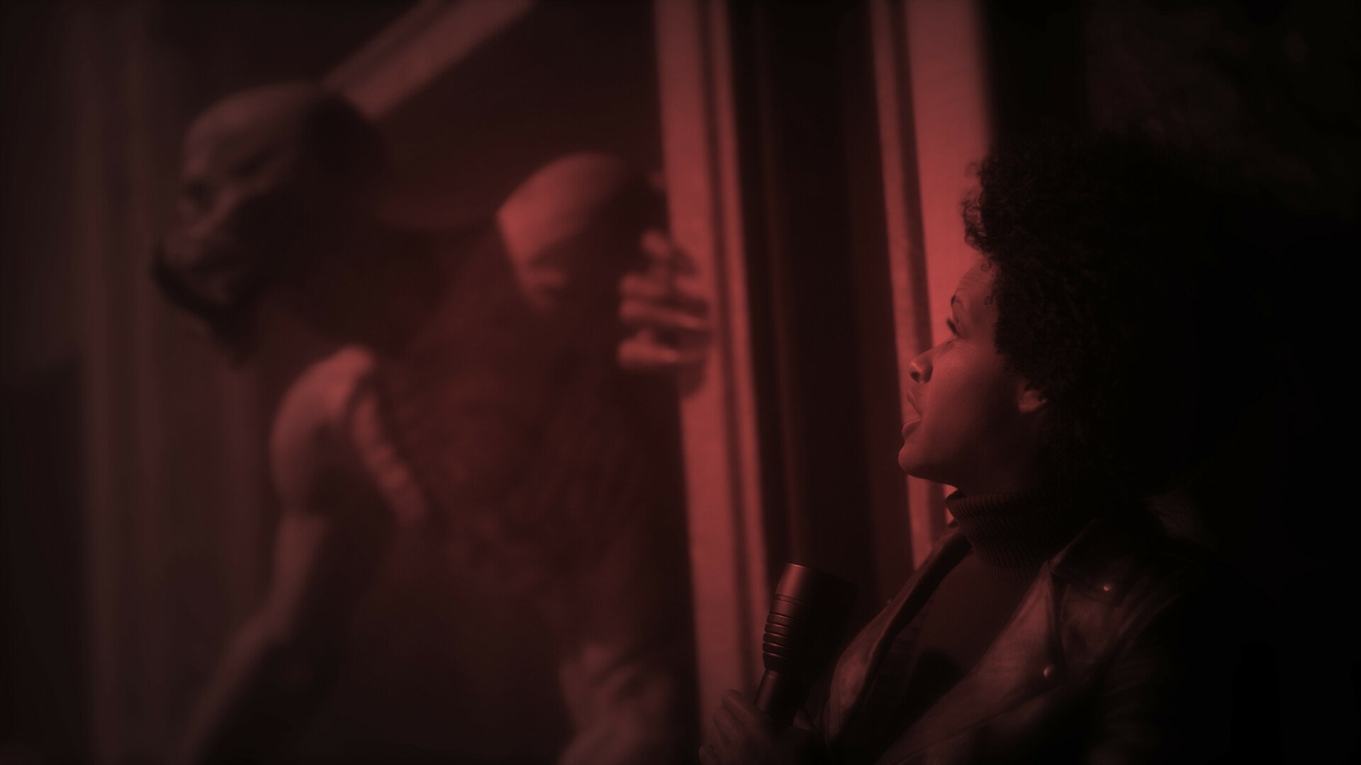 HD wallpaper of a tense scene with a person unaware of a figure's presence behind a frosted glass, evoking themes of Deceit 2.