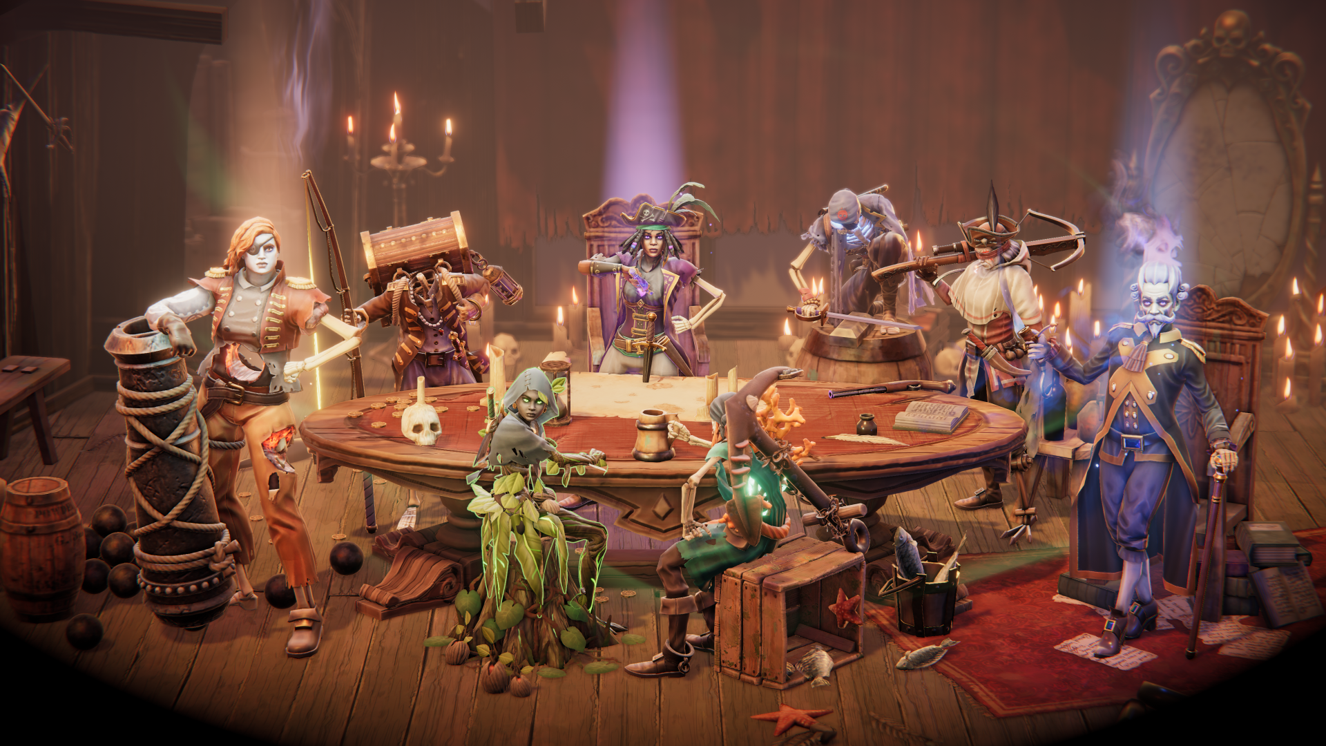 HD wallpaper of Shadow Gambit: The Cursed Crew featuring animated crew members strategizing around a map on a table.