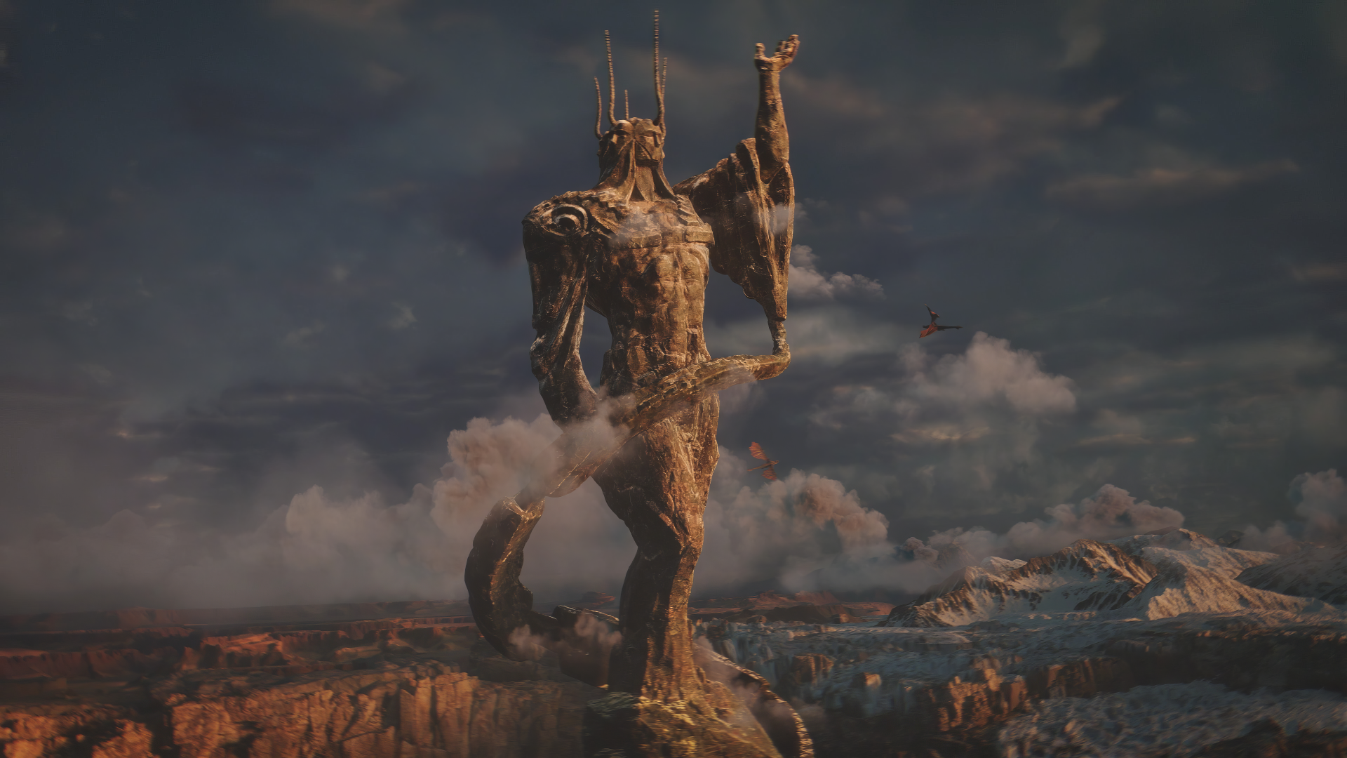 HD wallpaper of Immortals of Aveum featuring an imposing statue with a dramatic mountainous backdrop.