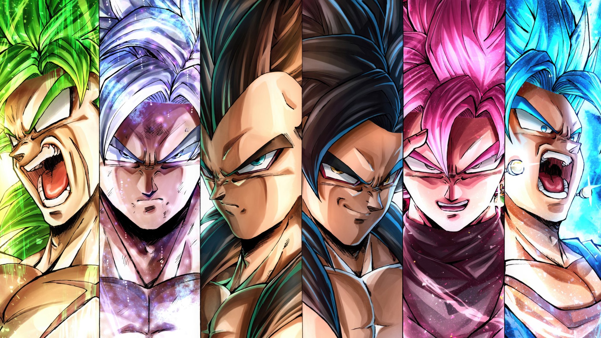 A vibrant 4K Ultra HD wallpaper features characters from Dragon Ball Super, showcasing intense expressions and dynamic hairstyles in a striking, colorful design.