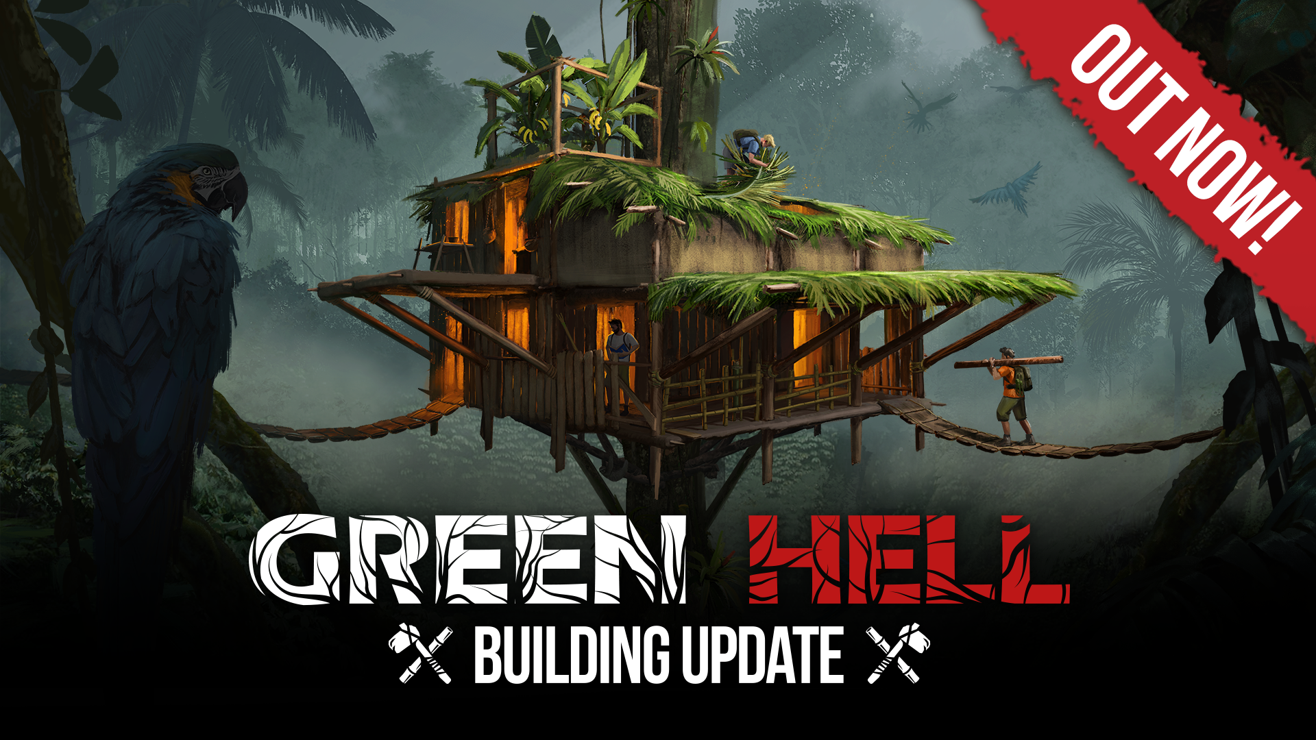 Green Hell game HD wallpaper featuring Building Update with a treehouse in a jungle setting and the text 'OUT NOW.'