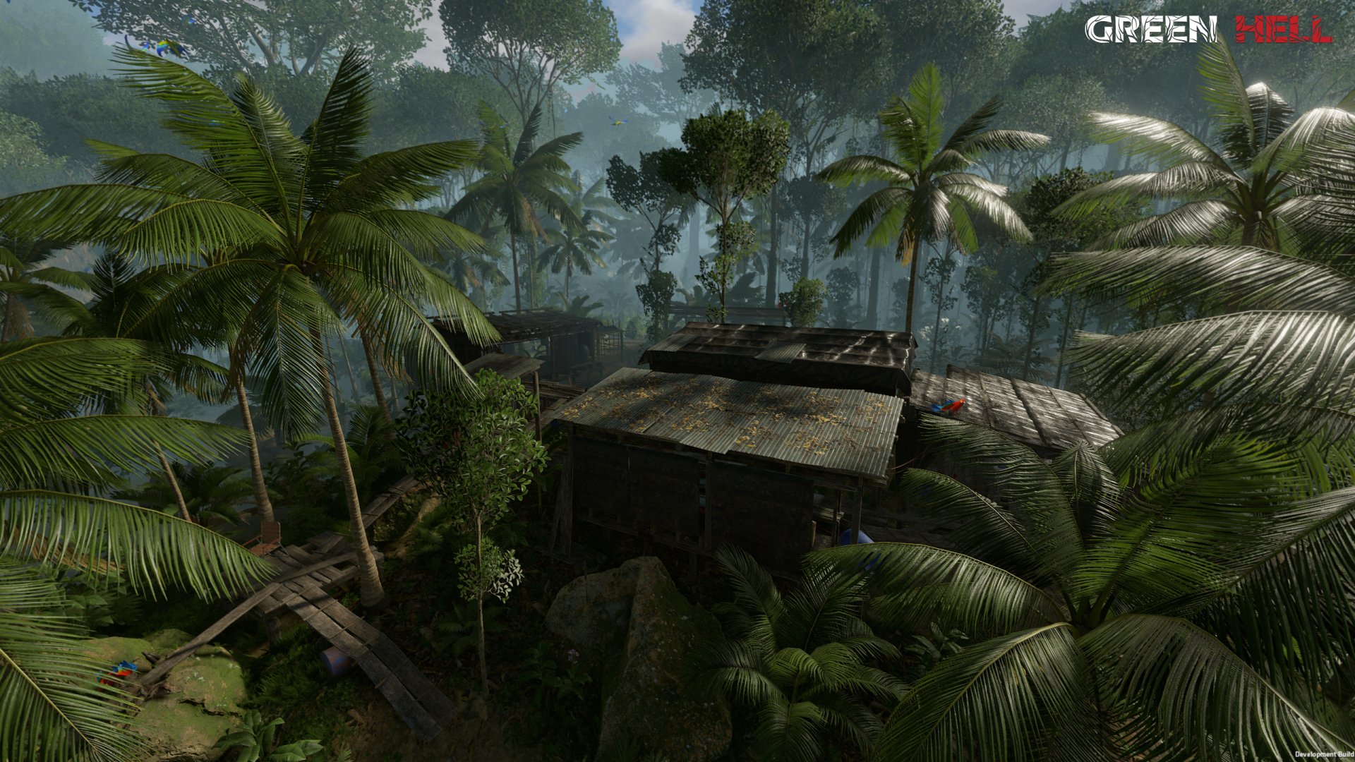 HD wallpaper featuring Green Hell game with a rustic shelter amidst lush jungle foliage for desktop background.