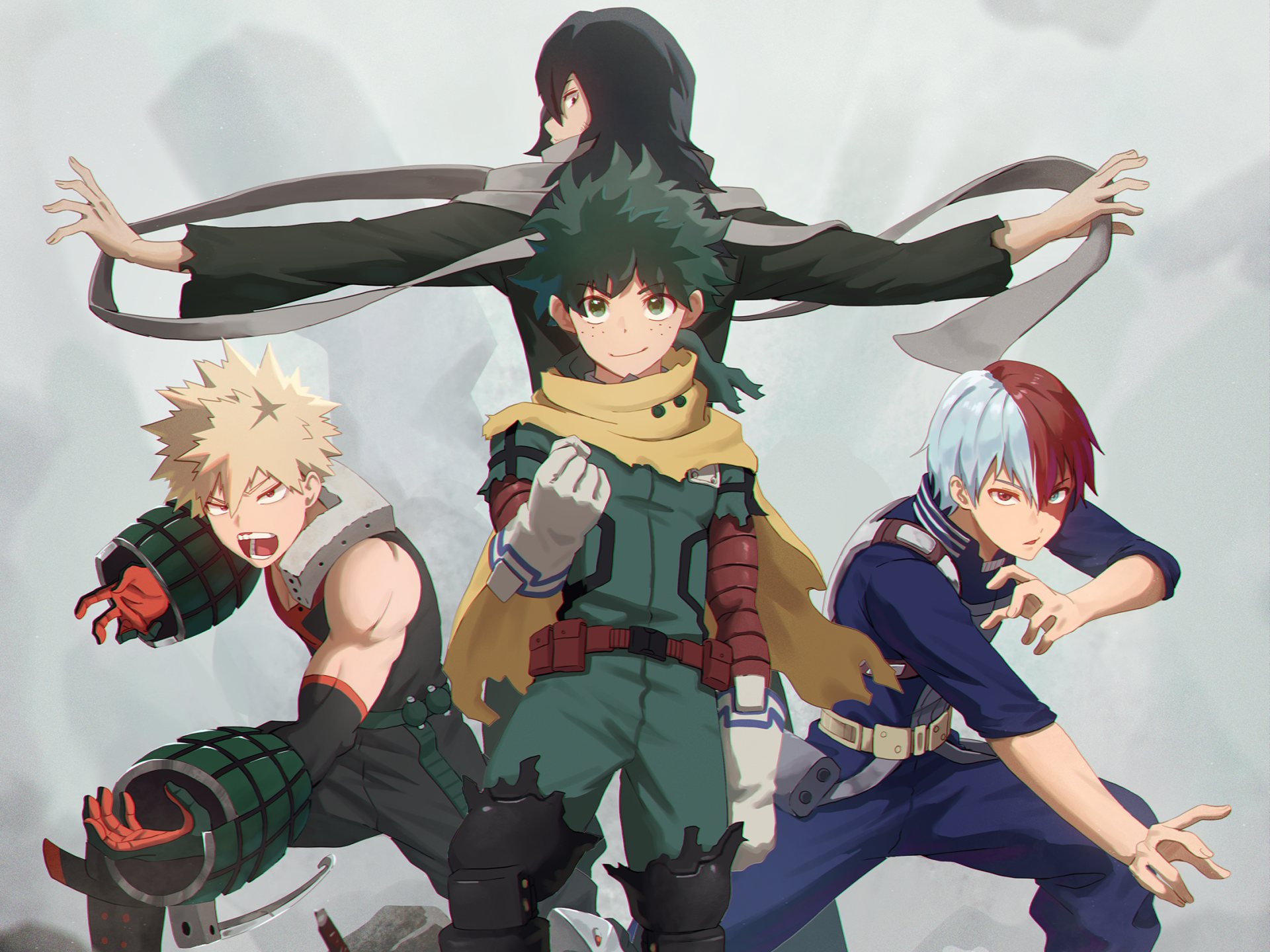 HD anime wallpaper featuring Katsuki Bakugou, Shota Aizawa, Izuku Midoriya, and Shoto Todoroki from My Hero Academia in dynamic poses.