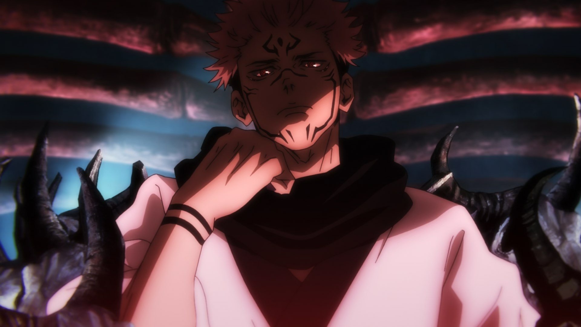 Dark anime HD wallpaper featuring a brooding character from Jujutsu Kaisen with ominous tentacle-like shadows in the background, set against a moody, dim-lit backdrop.