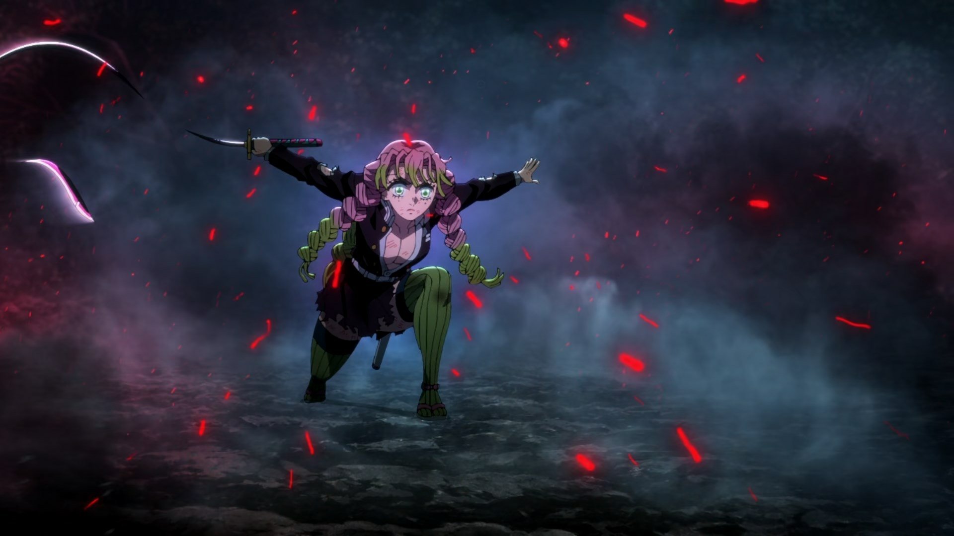 HD desktop wallpaper from the anime Demon Slayer: Kimetsu no Yaiba, featuring a dynamic character in a battle-ready pose with a dark, mysterious background and red glowing embers.
