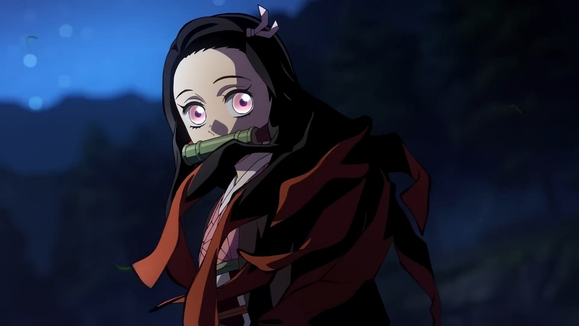 Anime-style HD desktop wallpaper featuring Nezuko Kamado from Demon Slayer: Kimetsu no Yaiba with a dark, nighttime background.