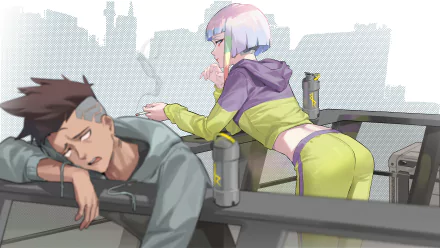 HD desktop wallpaper featuring Lucy and David from the anime Cyberpunk: Edgerunners. Lucy leans against a railing while David rests his head, set against a futuristic cityscape backdrop.