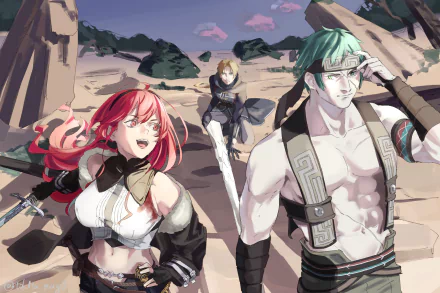 HD anime wallpaper featuring Ruijerd Superdia, Rudeus Greyrat, and Eris Boreas Greyrat from Mushoku Tensei: Jobless Reincarnation in an outdoor desert setting.