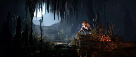 HD desktop wallpaper of a Gollum from The Lord of the Rings, in a dark cave with luminescent plants.