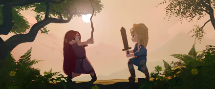 HD desktop wallpaper featuring characters from Nimona in a playful sword fight stance with a misty forest backdrop.