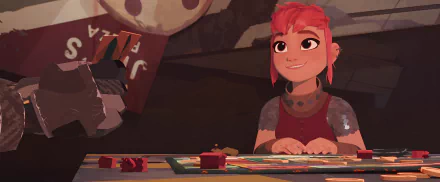 Colorful HD desktop wallpaper featuring Nimona, an animated character, joyfully playing a game, showcasing her vibrant pink hair and a warm, inviting smile.