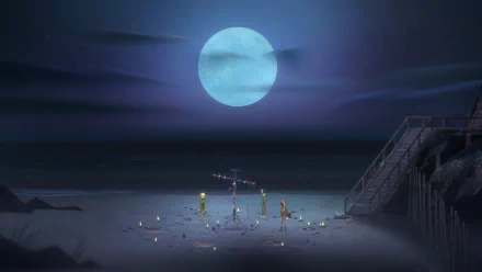 HD desktop wallpaper featuring a scene from Oxenfree II: Lost Signals with characters on a moonlit beach with mysterious antennae and candles.