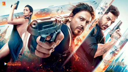 HD desktop wallpaper featuring the movie Pathaan, showcasing action-packed scenes with lead characters brandishing guns against a vibrant, explosive background.