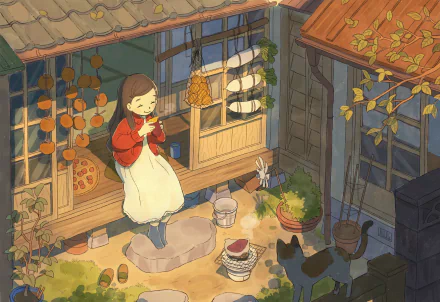 eating architecture cat brown hair Anime girl anime girl anime cat HD Desktop Wallpaper | Background Image