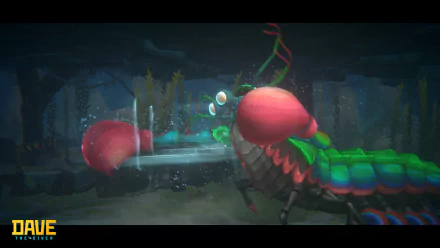 Dave the Diver HD wallpaper featuring an animated underwater scene with a stylized diver and a giant, colorful mantis shrimp.