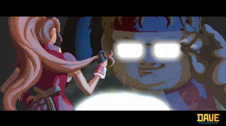 HD desktop wallpaper featuring a pixel art scene with a character named Dave the Diver in a diving suit illuminated by a light source, with another character in the foreground, tagged with 'Dave the Diver' for themed background.